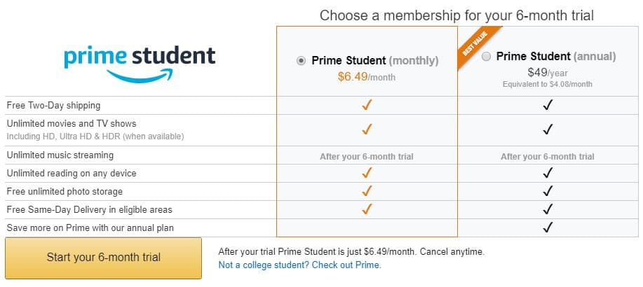 Amazon Prime Student plans