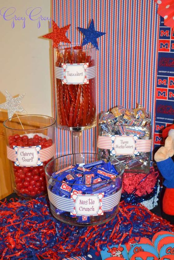 red, white, and blue candy jars