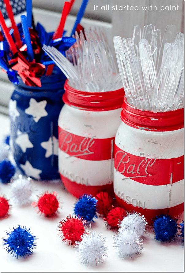 red, white, and blue painted mason jars