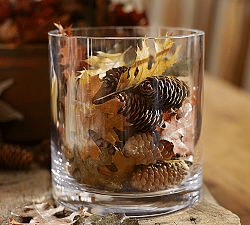 fall mantel decor - leaves and pinecones vase