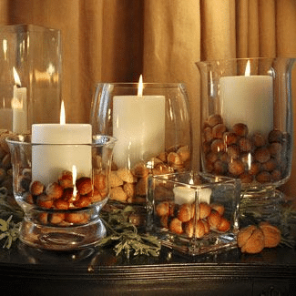 fall fireplace decor - acorn and candle vases