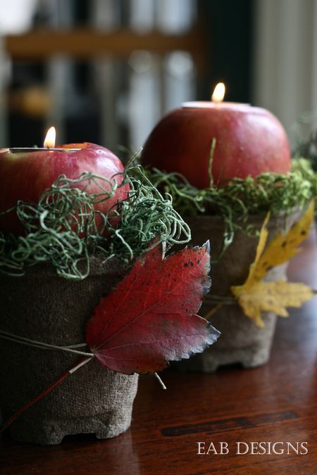 fall mantel decor - apple votives