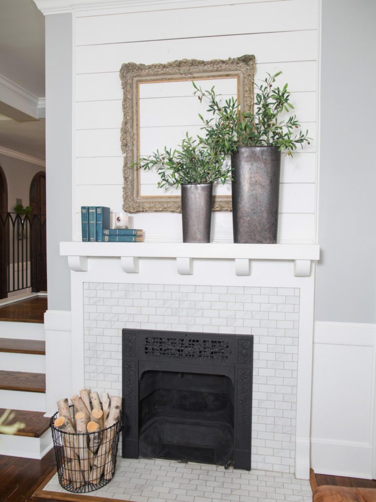 white shiplap fireplace mantel