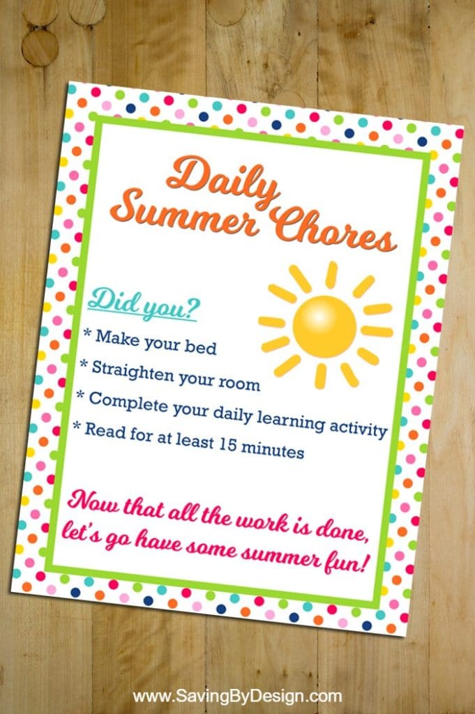 Stop summer slide and still enjoy a relaxed, fun summer with the kids. Get a free printable to remind them what chores need to be done each day.