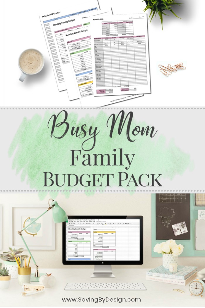 The Busy Mom Family Budget Pack is a simple, yet effective, way to track income and monthly bills, create a budget that works, and pay down burdensome debt.