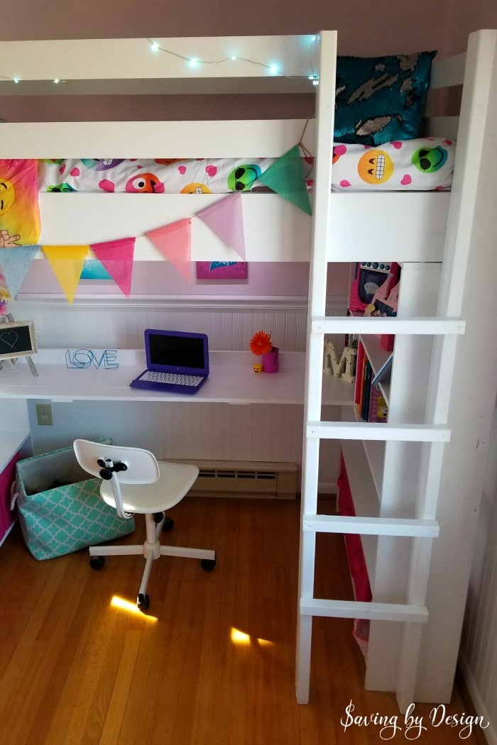 top view of loft bed with desk and storage